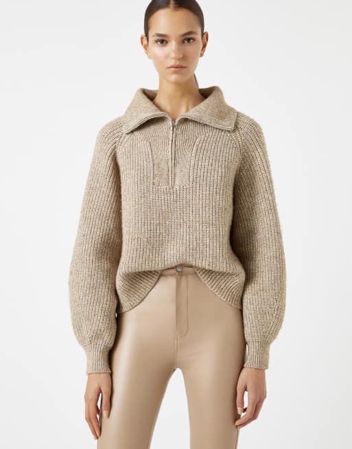 Pull&Bear chunky half zip jumper in brown