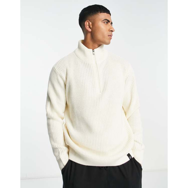 Pull Bear chunky half zip sweater in off white