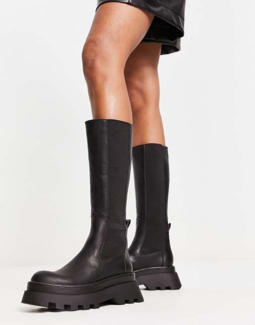 Pull&Bear chunky knee high boots in black