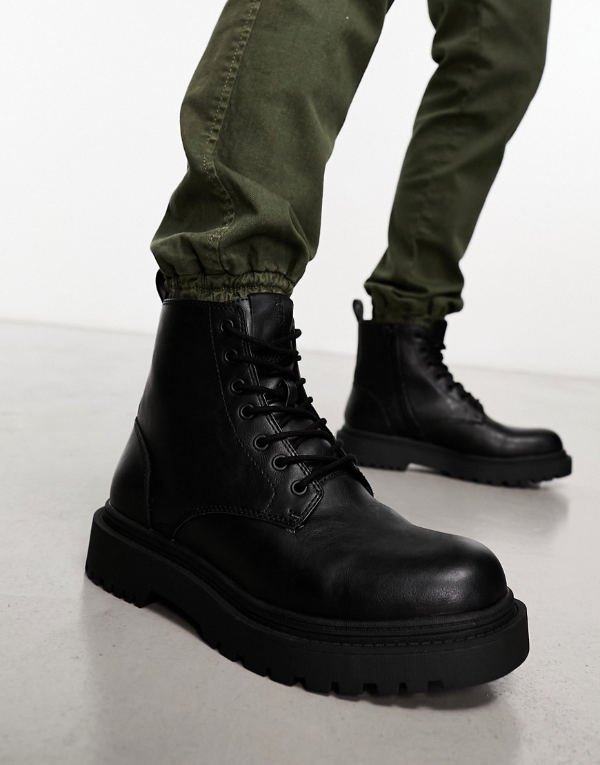 Pull & Bear chunky lace up military style boots in black
