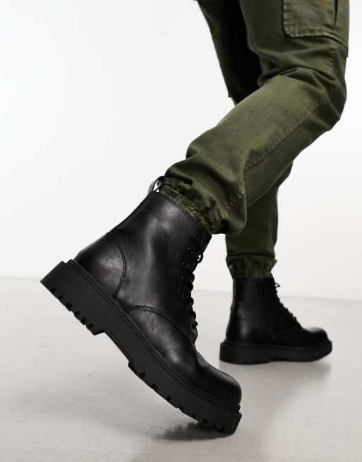 Pull Bear chunky lace up military style boots in black