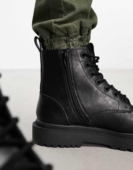 Black chunky military store lace up boots