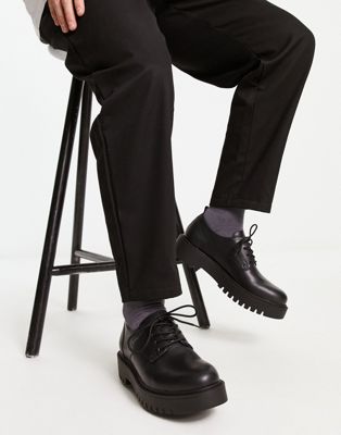 Pull & Bear chunky oxford shoes with pull tab in black