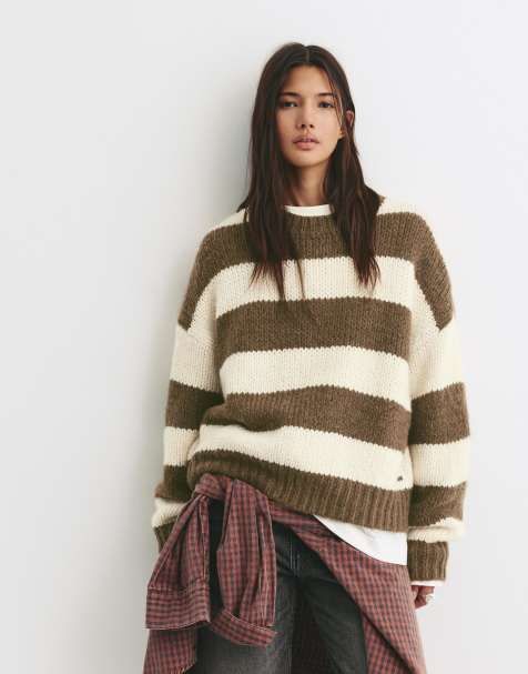Pull&Bear Chunky striped knit sweater in brown - view 1
