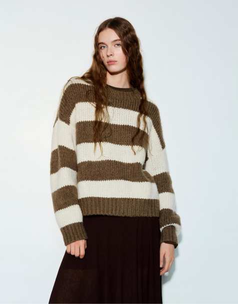 Pull&Bear Chunky striped knit sweater in brown