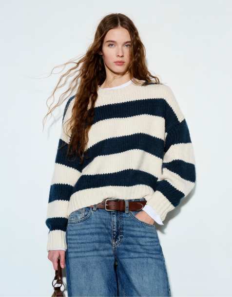 Pull&Bear Chunky striped knit sweater in navy