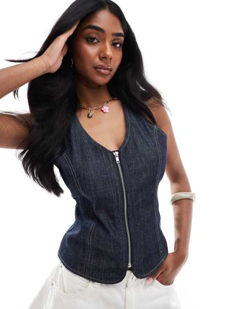Pull&Bear – Ciemnoniebieski jeansowy top z dekoltem halter - view 1