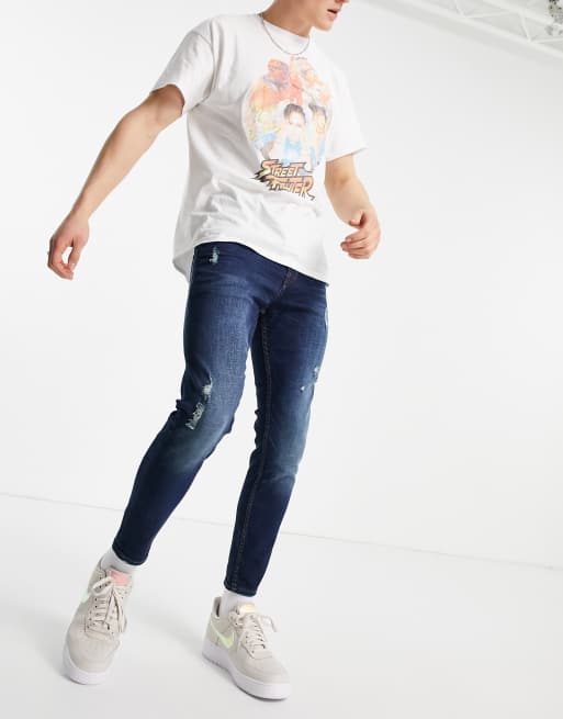 Pull&Bear – Ciemnoniebieskie jeansy skinny fit premium z przetarciami, 4 z 4