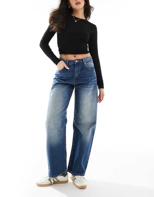 Pull&Bear – Ciemnoniebieskie sprane jeansy baggy z zaszewkami