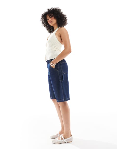Pull&Bear – Ciemnoniebieskie szorty jeansowe o wydłużonym fasonie typu carpenter - view 1