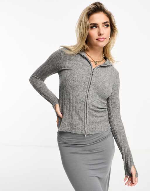 Pull&Bear – Ciemnoszara prążkowana dzianinowa bluza z kapturem zapinana na zamek
