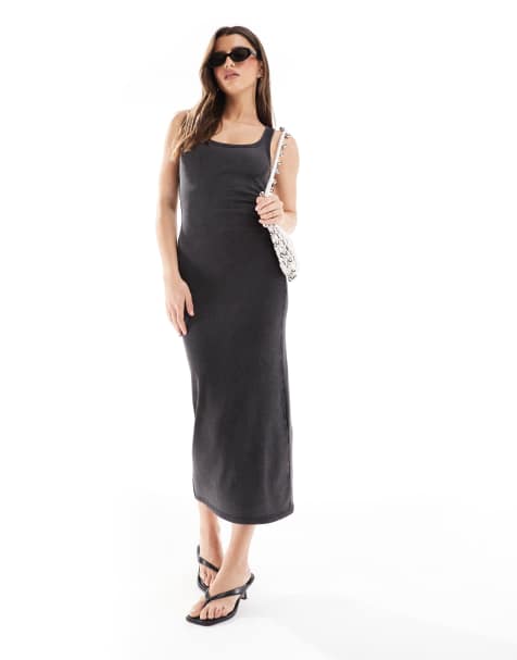 Pull&Bear – Ciemnoszara sukienka midi z dekoltem U - view 1
