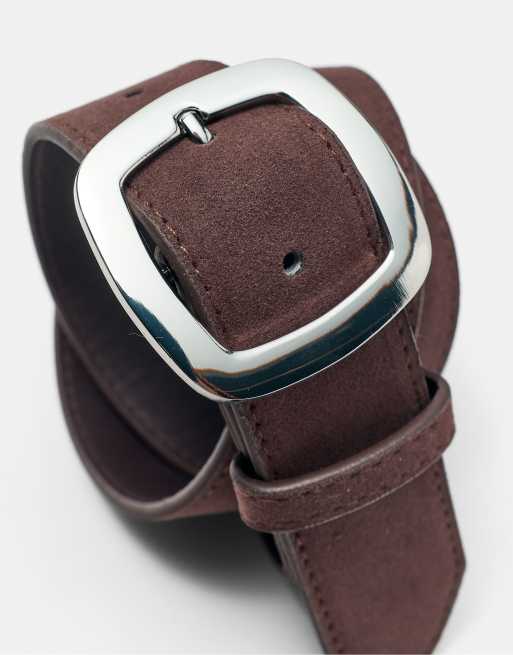 Pull&Bear cintura in camoscio sintetico con fibbia arrotondata color cioccolato, 4 di 5