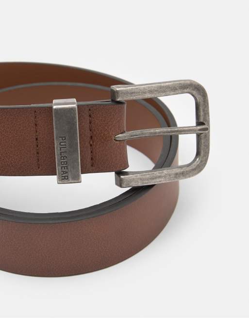 Cintura Pull&Bear Effetto Camoscio Marrone - Fibbia Quadrata Metallica In Poliestere Riciclato