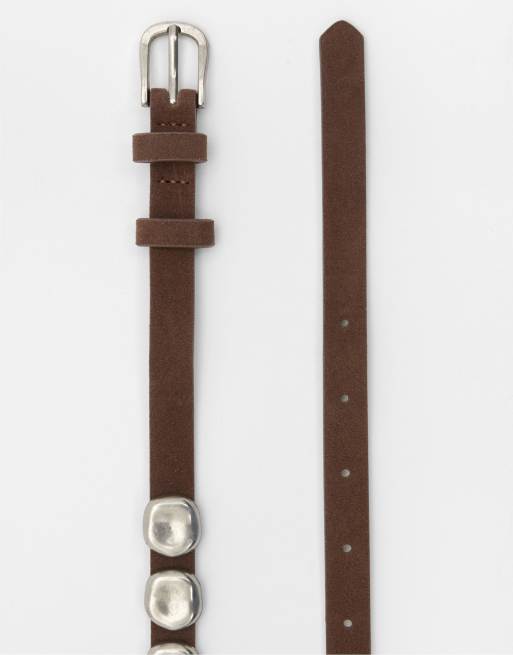 Pull&Bear - Cintura sottile marrone con dettagli in metallo