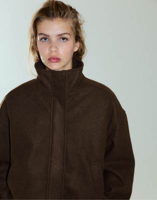 Pull & Bear Cloth Bomber Jacket With A High Neck In Brown