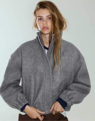 Pull & Bear Cloth Bomber Jacket With A High Neck In Grey