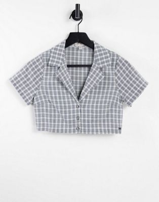 Pull&Bear co-ord check cropped button front shirt in grey