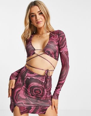 Pull&Bear co-ord long sleeved swirl print top with tie front detail in pink