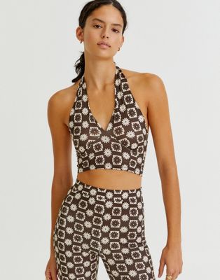 Pull&Bear co-ord printed halter neck top in brown