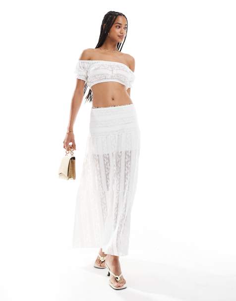 Pull&Bear - Co-ord set van bardottop en rok in wit met kant - view 1