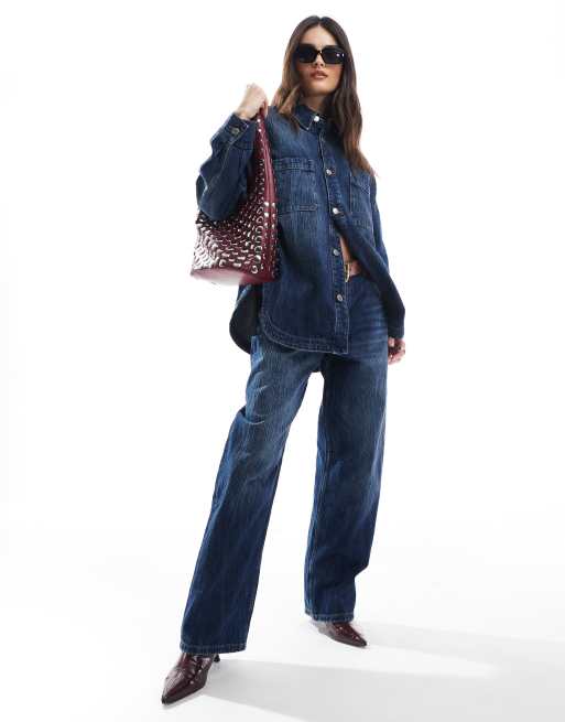 Pull&Bear - Co-ord set van oversized denim overhemd en jeans in donkerblauw