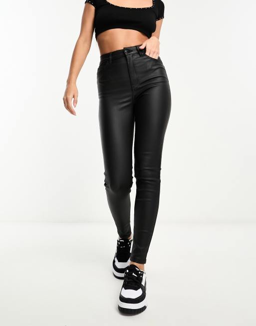Pull&Bear coated high waisted skinny jeans in black