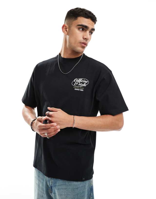 Pull&Bear - coffee shop back print t-shirt in washed black