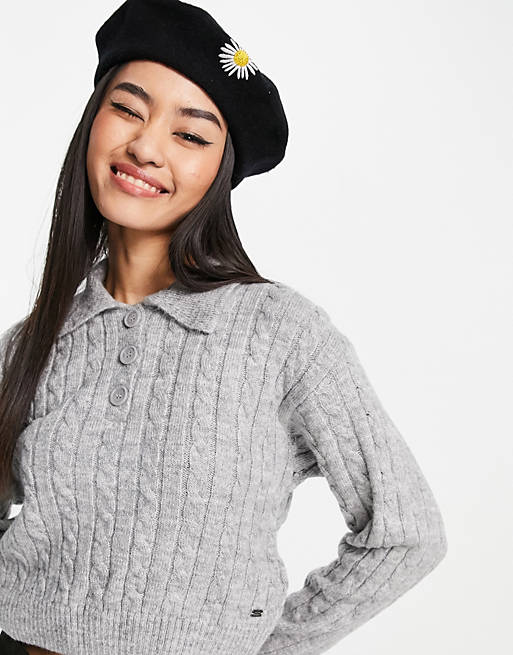  Pull&Bear collar jumper with half button detail in grey 