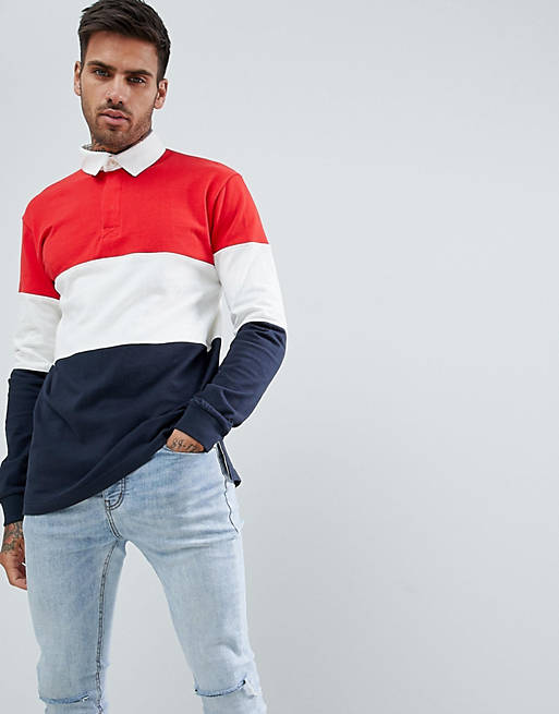 Pull&Bear colour block rugby shirt in red | ASOS