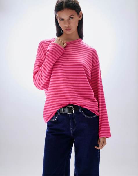 Pull&Bear Colour block striped t-shirt in pink - view 1