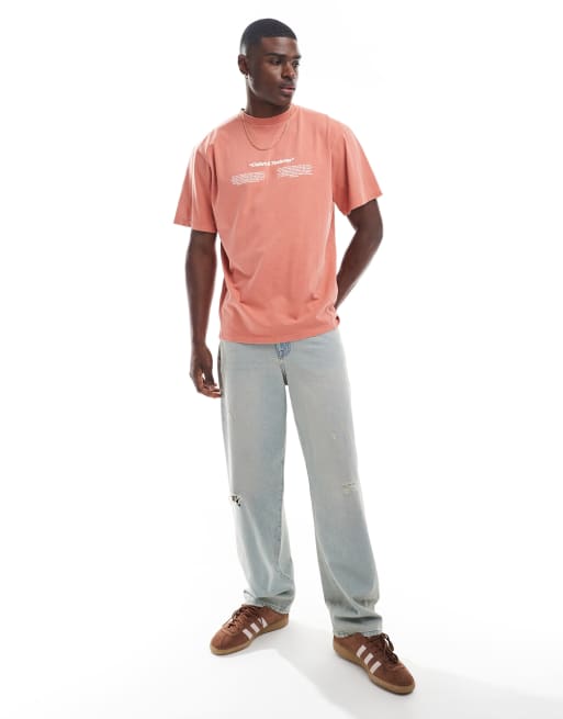 Pull&Bear 'Colours and Textures' graphic t-shirt in washed red