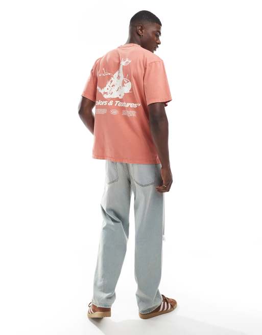 Pull&Bear 'Colours and Textures' graphic t-shirt in washed red