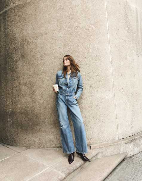 Pull&Bear combinaison longue en jean déchirée bleu moyen - view 1