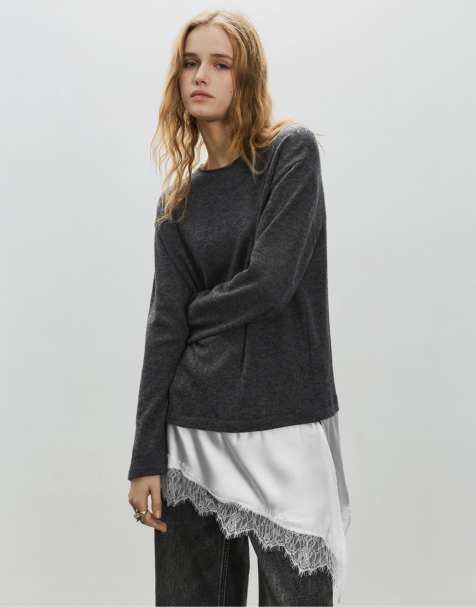 Pull&Bear Combined lace t-shirt in dark grey - view 1