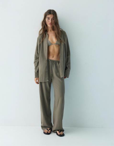 Pull&Bear - Completo in misto lino marrone talpa - view 1