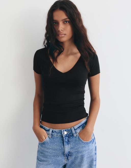 Pull&Bear - Confezione con T-shirt con scollo a V bianco/nero, 2 di 4