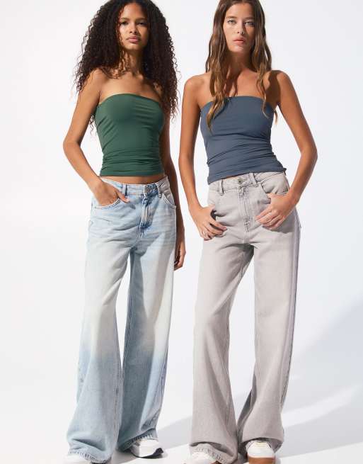 Pull&Bear - Confezione da 2 top a fascia effetto seconda pelle verde e grigio in poliammide