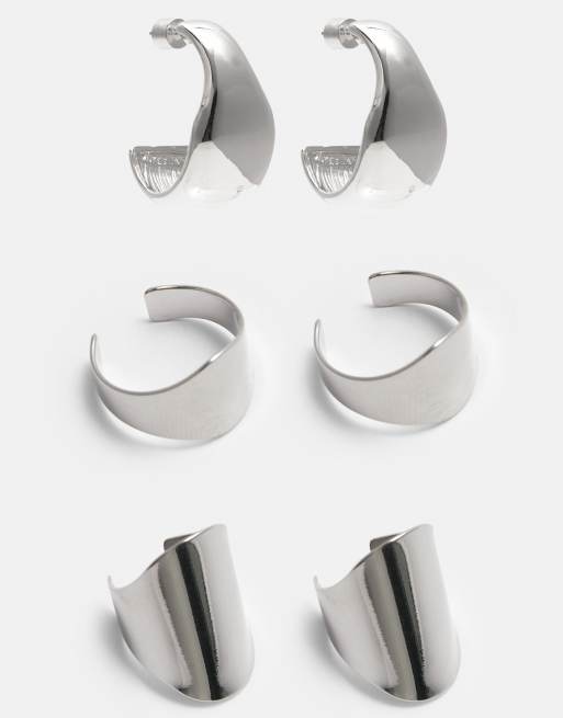 Pull&Bear - Confezione da 3 paia di orecchini ear cuff e a cerchio color argento