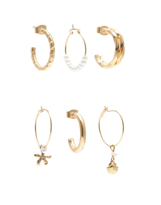 Pull&Bear - Confezione da 6 paia di orecchini color oro con conchiglie