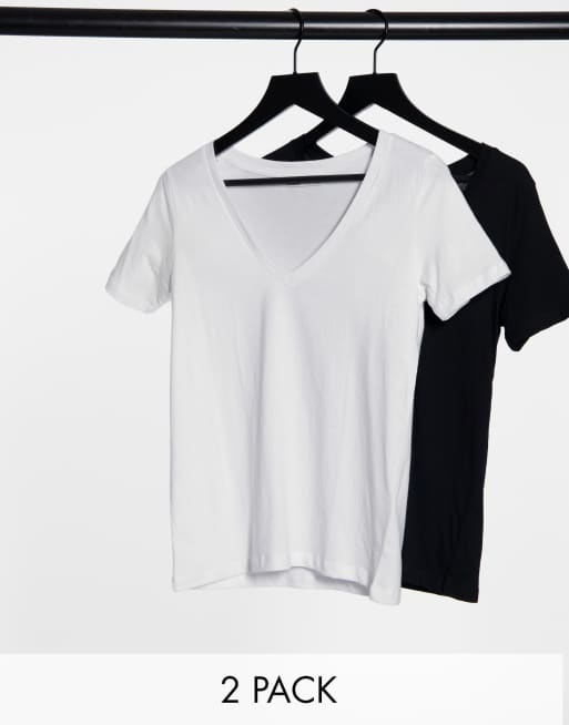 Pull&Bear - Confezione multipack di T-shirt con scollo a V bianca e nera