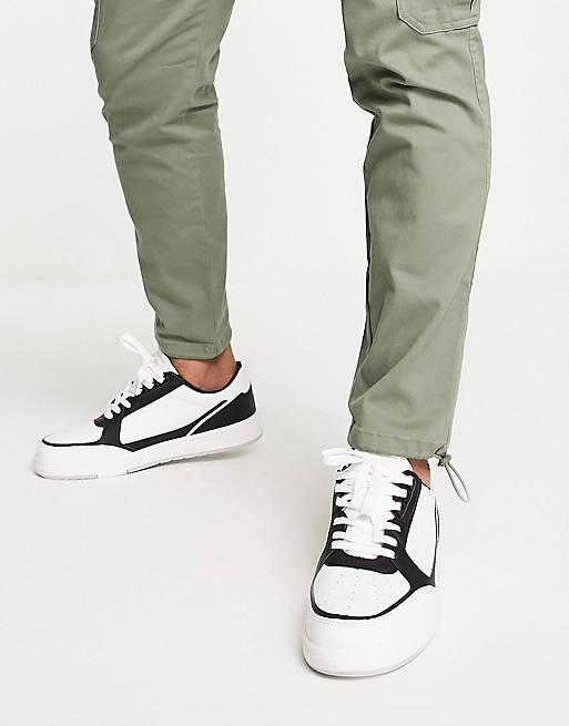 undefined | Pull&Bear contrast lace up sneakers in white and black