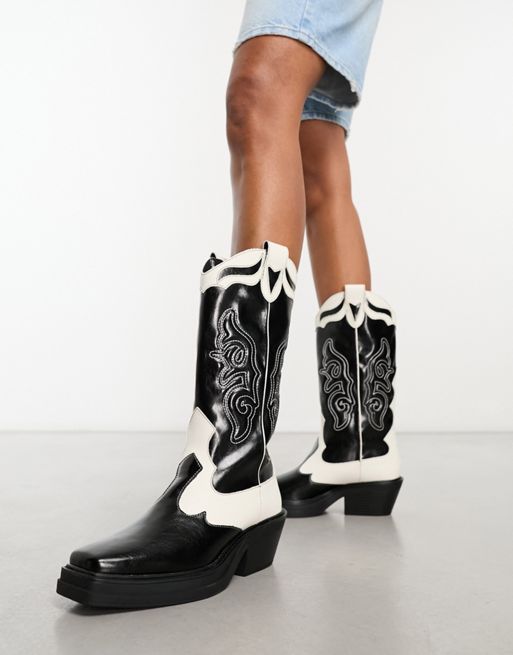 Pull&Bear contrast panel western boot in black | ASOS