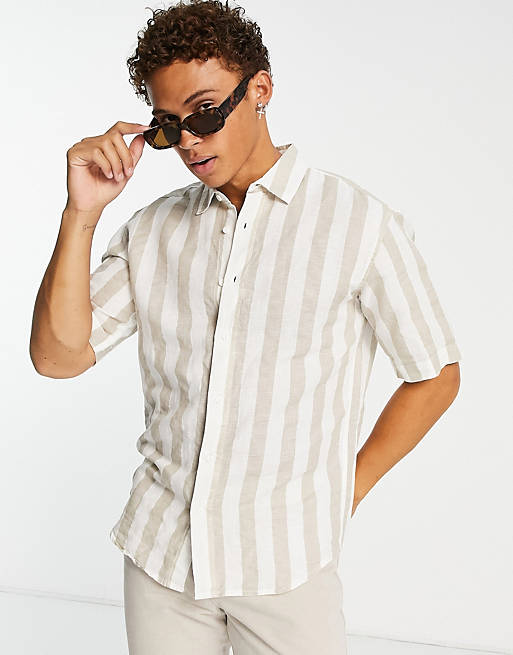 Pull&Bear contrast pocket striped shirt in beige | ASOS