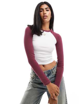 Pull&Bear contrast raglan long sleeve tee in burgundy & ecru