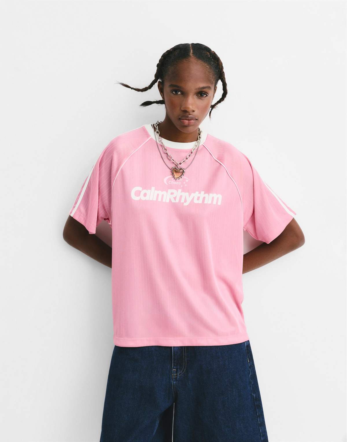 Pull&Bear Contrast soccer t-shirt in pink