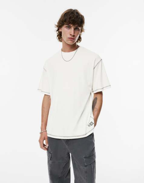 Pull&Bear Contrast stitch t-shirt in off white
