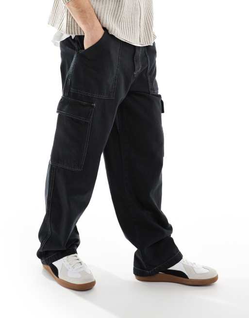 Pull&Bear contrast stitch wide leg cargos in black