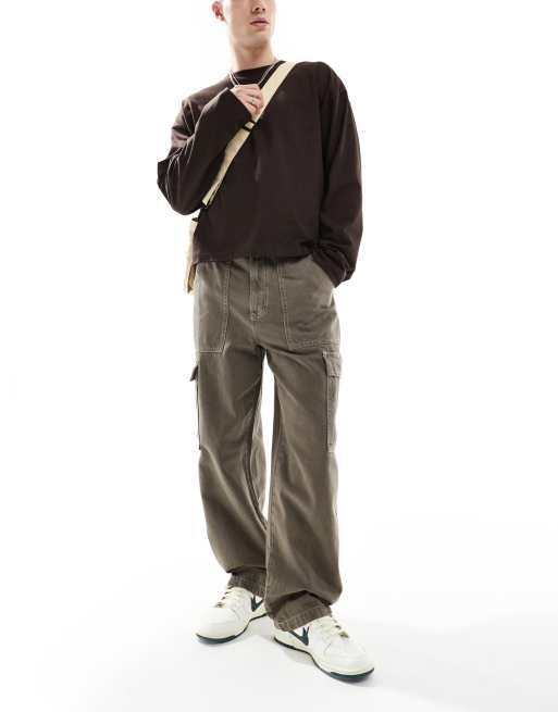 Pull&Bear contrast stitch wide leg cargos in brown