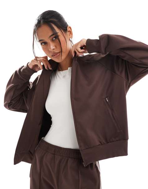 Pull&Bear contrast stripe track top co-ord in brown - view 1